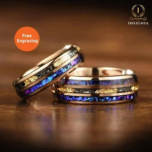 His And Hers Orion Nebula Rose Gold Rings – Tungsten Bands With Real Meteorite - Picture 1 of 12