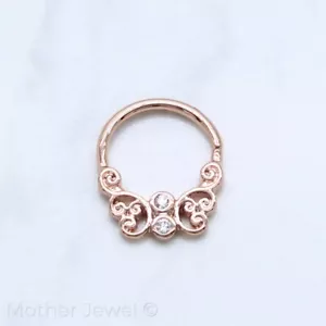 14K ROSE GOLD IP FILIGREE SIMULATED DIAMOND NOSE SEPTUM TRAGUS HOOP EAR RING - Picture 1 of 4