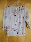 Maurices Woman's Small Beige Pink Floral Sheer 3/4 Sleeve Top Ruffle Trim Collar
