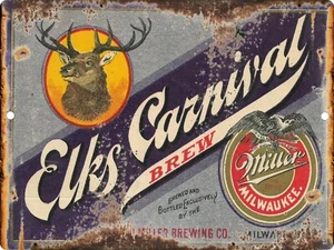 Letrero de cerveza Elks Carnival Miller reproducción metal 9x12 letreros de barra óxido de cerveza - Imagen 1 de 3