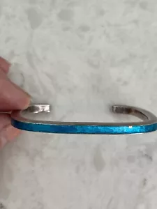 Vintage Sterling Silver Blue Enamel Modernist Cuff Bracelet - Picture 1 of 6