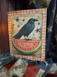 VINTAGE PRIMITIVE FOLK STYLE AMERICANA PATRIOTIC CROW SUMMERTIME WATERMELON SIGN - Picture 1 of 10