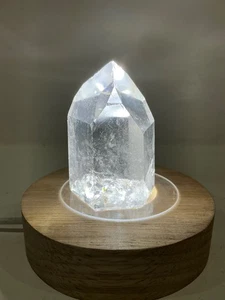 π Clear Quartz Generator Brazil with Wood Light Base - Picture 1 of 14