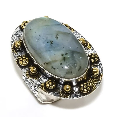 Anillo de regalo de plata de ley 925 de dos tonos hecho a mano con piedras preciosas de labradorita talla 8 a137 Foto 1 de 3