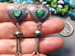 1980s Q.T.C MALACHITE Sterling Silver HEARTS NAVAJO Squash Blossom 2.3" EARRINGS - Picture 1 of 5