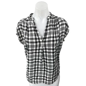 Gap Women's Black White Plaid Cap Sleeve Y2K V Neck Shirt Blouse Top Size XS - Picture 1 of 4