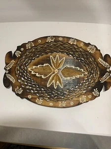 Vintage Wooden Plate Paner Fruit Bowl Burnt Layered Wood Weave Design Unique - Picture 1 of 8
