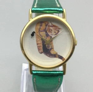Cat Chasing Mouse Watch Women 32mm Gold Tone Green Leather Band New Battery - Picture 1 of 15
