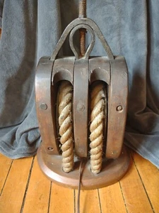 ANTIQUE DOUBLE WOOD PULLEY-BLOCK TACKLE NAUTICAL STEAMPUNK LAMP CAST IRON 20" - Picture 1 of 10