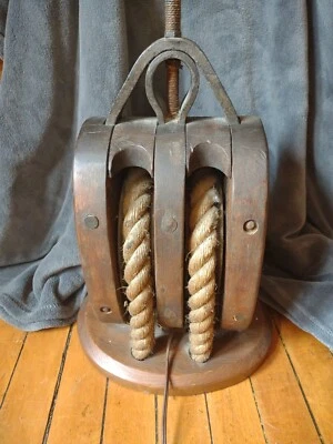 ANTIQUE DOUBLE WOOD PULLEY-BLOCK  TACKLE NAUTICAL STEAMPUNK LAMP CAST IRON 20" - Image 1 of 4