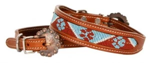 Showman LEATHER DOG COLLAR w/ Beaded Paw Print Inlay & Copper Buckle SIZE S M L - Imagen 1 de 1