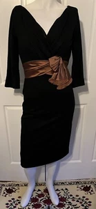 Vintage 1950's Hannah Troy Black Light Wool Plunge Neckline Dress Brown Sash SM - Picture 1 of 11