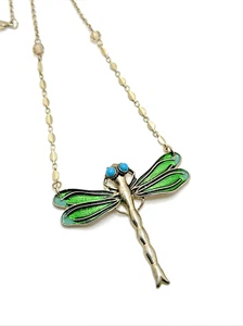 Vintage Green Enamel Dragonfly Pendant Necklace Silver Tone Statement 24” - Picture 1 of 12