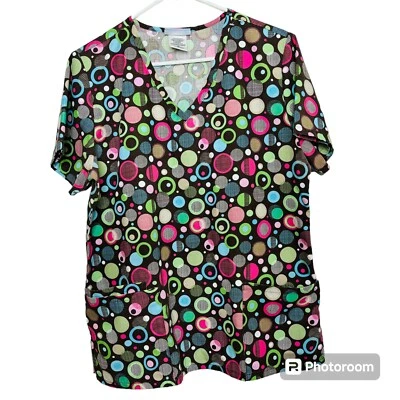 SB Scrubs Top Women M Short Sleeve V Neck #SZ32402TA Caffeine Brown Dots Circles - Image 1 of 4