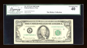 DBR 1985 $100 FRN Dallas Fr. 2171-K Legacy XF-40 Serial K08578240A - Picture 1 of 2