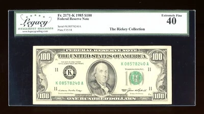 DBR 1985 $100 FRN Dallas Fr. 2171-K Legacy XF-40 Serial K08578240A - Image 1 of 2