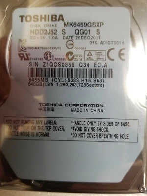 Toshiba MK6459GSXP 640GB HDD2J52 S QG01 S 2.5" HDD 010 A0/GT001H Hard Drive  - Image 1 of 2