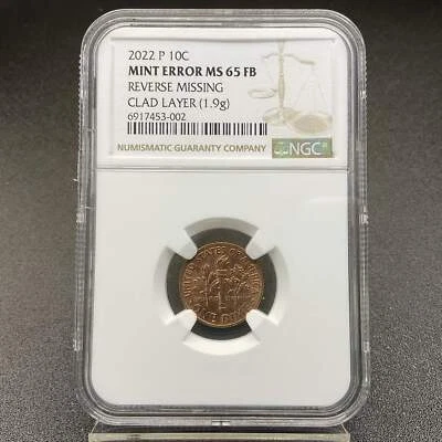 2022-P Missing Reverse Clad Layer 10c Roosevelt Dime Error Coin NGC GEM MS65 FB - Image 1 of 4