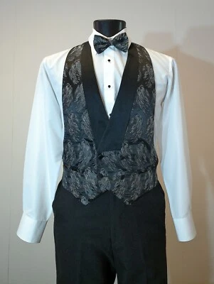 Men's White & Black Backless/Open Back Vest, Pre Tied Bow & Pocket Square- Prom - Image 1 of 4