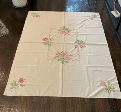 78x57 Vintage Hand Embroidered Cross Stitch Tablecloth + 8 Napkins Floral EUC - Image 1 of 4