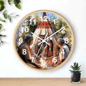 Indianer Krieger Häuptling Rat Feuer Wanduhr Ganz Holzrahmen Alt Westen - Bild 1 von 19