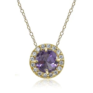 Yellow Gold Flash Sterling Silver Simulated Alexandrite & CZ Round Halo Necklace - Picture 1 of 4