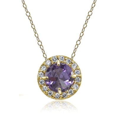 Yellow Gold Flash Sterling Silver Simulated Alexandrite & CZ Round Halo Necklace - Image 1 of 4