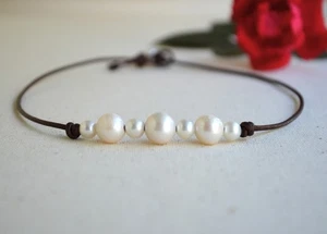 White Pearls on Leather Necklace Leather and Pearls Boho Chick Gift For Her - Picture 1 of 12