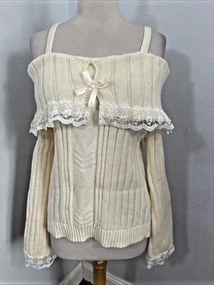 Suéter Romwe XS Marfil Contraste Encaje Hombro Frío Kawaii Himekaji Grueso Y2K Foto 1 de 4