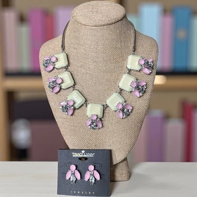 TRACI LYNN Silver Tone Pink & Ivory Crystal Statement Necklace  & Earrings TL452 - Image 1 of 4