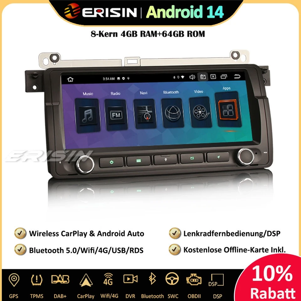 64GB Android 14 Autoradio GPS für BMW 3er E46 M3 Rover 75 MG ZT DAB+ Wifi BT5.0 - Bild 1 von 4