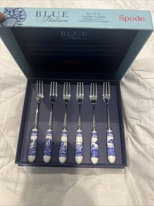 Juego de 6 tenedores de pastelería Spode azul italiano base decorativa nuevo en caja - Imagen 1 de 4