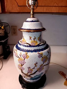Vintage Cloissonne Enamel Table Lamp Birds Cherry Blossum Brass Wood Base - Picture 1 of 14