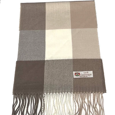 Invierno Cálido 100% Cachemira Bufanda Envoltura Hecha en Inglaterra Cuadros Caqui Tostado Crema #A Foto 1 de 3