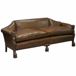SUBLIME FULLY RESTORED REGENCY 1810 SOFA BROWN LEATHER CARVED HERMS STATUE FRAME - Picture 1 of 12