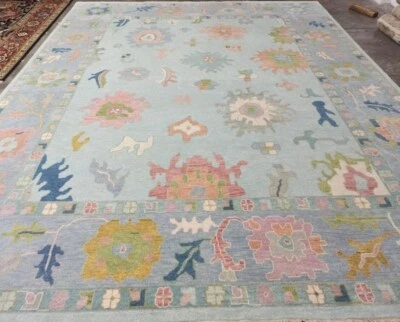 Nueva alfombra de lana anudada a mano turca Oushak hecha a mano alfombra para sala de estar azul cielo 9x12 Foto 1 de 4