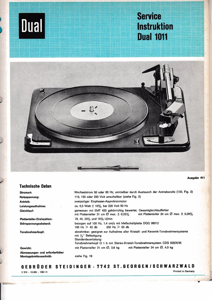 Service Manual Instructions for Dual 1011 - Image 1 of 1
