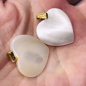 Heart Pendant Mother of PEarl Shell White Cream Gold Tone Bezel Charm Set of 2