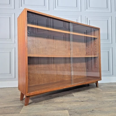 Retro Vintage Teak Mid Century Glass Bookcase Display Shelves Cabinet Wood MCM - Image 1 of 4