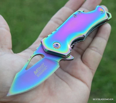 CUCHILLO TÁCTICO ASISTIDO POR RESORTE MTECH ACABADO ARCO IRIS CON ABREBOTELLAS  Foto 1 de 4