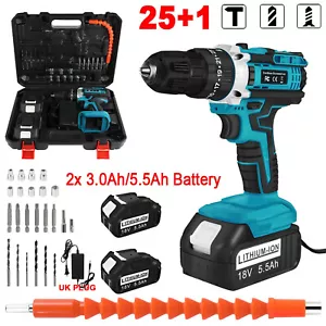 18V Cordless Combi Hammer Impact Drill Driver Electric Screwdriver / 2 Battery - Picture 1 of 24