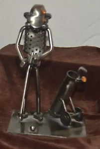 Metal Sculpture of Golfer in Pose to Hit Ball and Bag - Picture 1 of 5