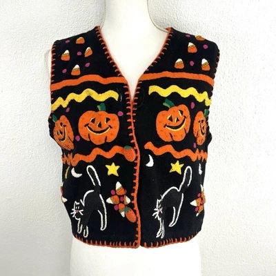 Raro Chaleco Suéter Vintage MICHAEL SIMON MED 1996 Halloween Calabaza Gato Caramelo Foto 1 de 4