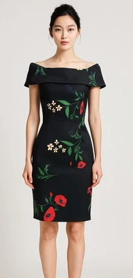 Calvin Klein Black Bardot Dress Size 6 Floral  Womens Satin Stretch Zip Up NEW - Image 1 of 4