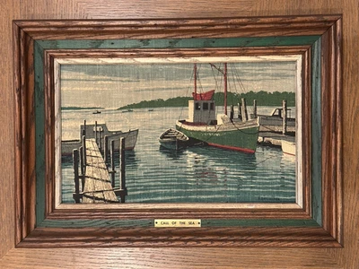 De Colección Kay Dee Impresión a Mano Enmarcada Lino Puerto Barcos Costero Náutico Casa de Campo Escena Foto 1 de 4