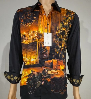 NWT ROBERT GRAHAM FIREPLACE DRINKS CHRISTMAS SHIRT IN BLACK BURGUNDY BLEND - Image 1 of 4