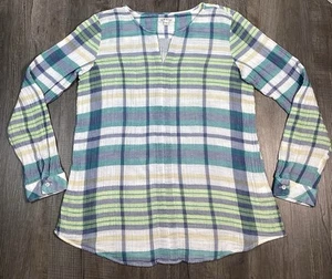 Camisa de algodón arrugado a cuadros Orvis para mujer L cuello en V lengüeta enrollable manga larga túnica usada en excelente estado - Imagen 1 de 15