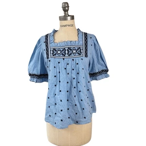 Neu mit Etikett Premise Damen hellblau bestickt Puff Kurzarm Bluse Gr. Medium - Bild 1 von 7