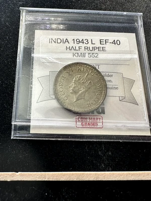 1943 L  India, Half Rupee, Coin Mart Graded**EF-40** KM# 552 - Image 1 of 4