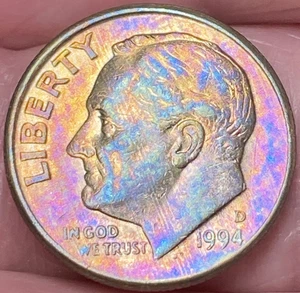 1994-D Roosevelt Dime Beautiful Lustrous Rainbow Toned Coin #8 - Picture 1 of 12